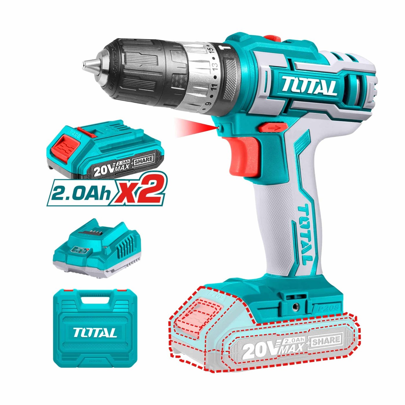 Taladro Inalámbrico de impacto 20V 10 mm 45NM Litio Ion Total (tidli200215)