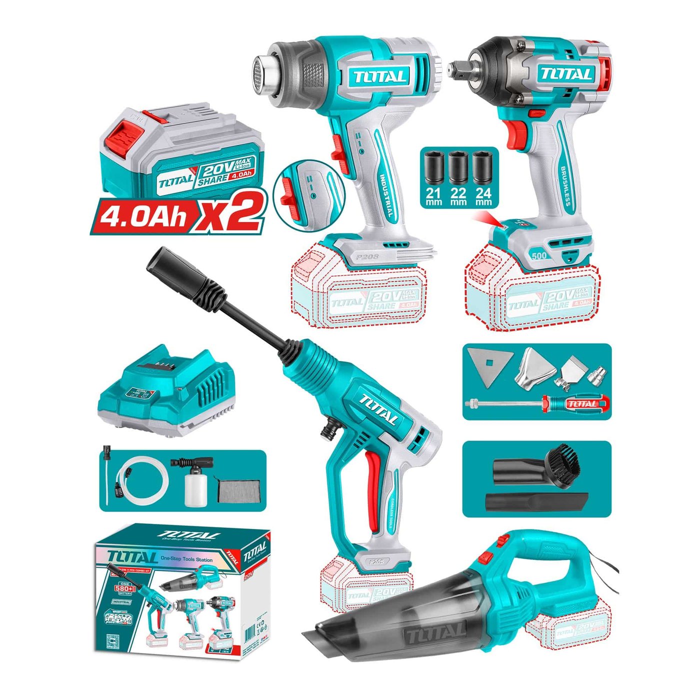 Kit 4 en 1 Llave Impacto, Pistola de Calor, Hidrolavadora y Aspiradora 20V Total (tosli250208-7)